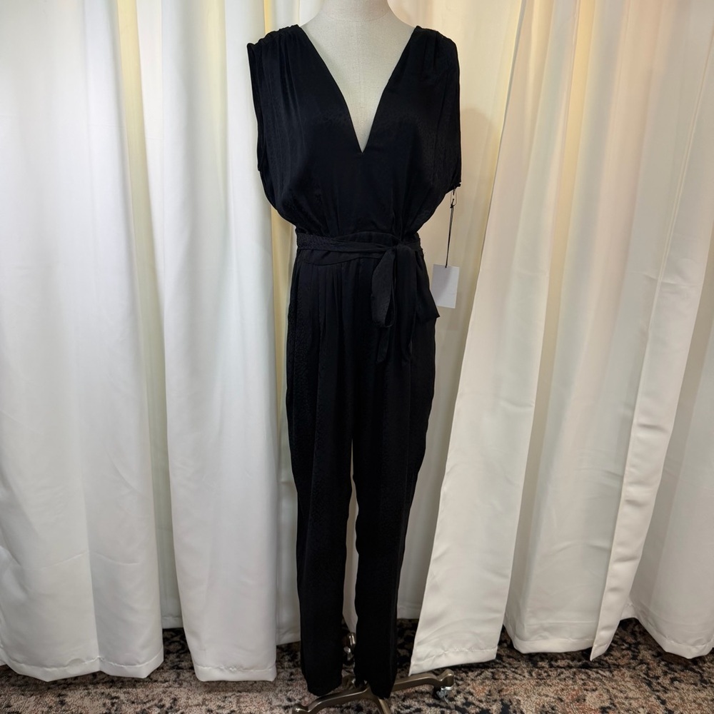 NWT LINI ‘Fiona’ Tie-Waist Animal Print Satin Jumpsuit in Black Size 8